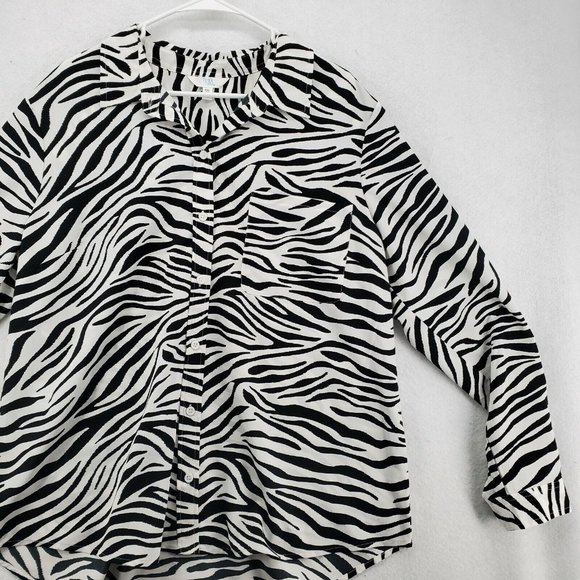 TIME AND TRU Shirt Women's Long Roll-Tab Sleeves Zebra Pattern White Black 2XL - Picture 5 of 12